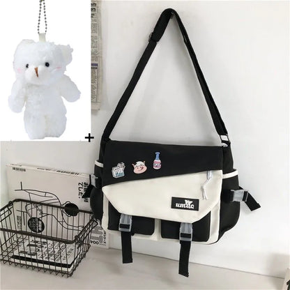 Harajuku Nylon Messenger Bag with Cute Badge Pins – Large Capacity