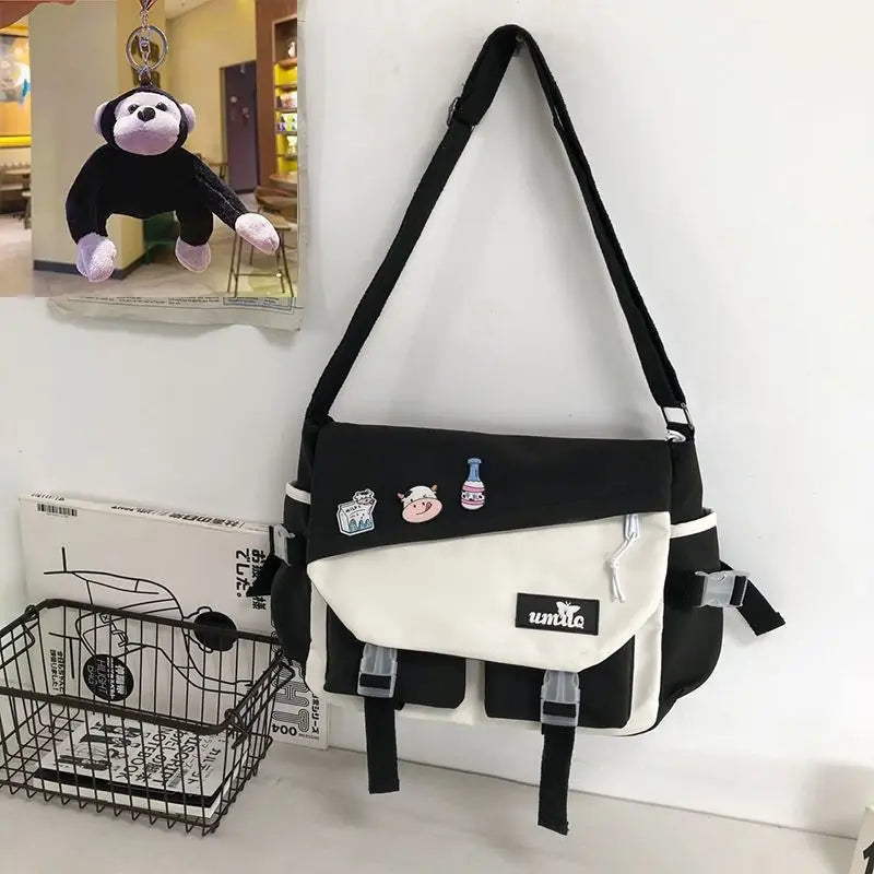 Harajuku Nylon Messenger Bag with Cute Badge Pins – Large Capacity