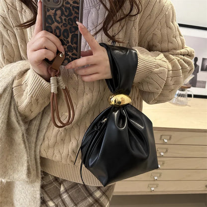 Drawstring Cloud Tote Bag with Gold Metal Buckle for Women