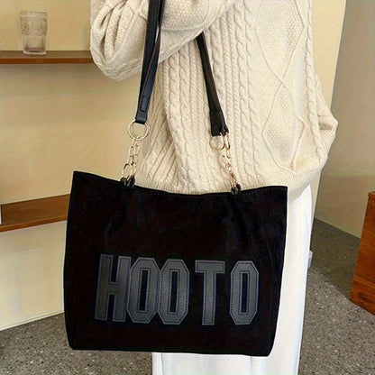 Letter Patch Suede Tote Bag – Vintage Women's Shoulder Handbag with Zipper