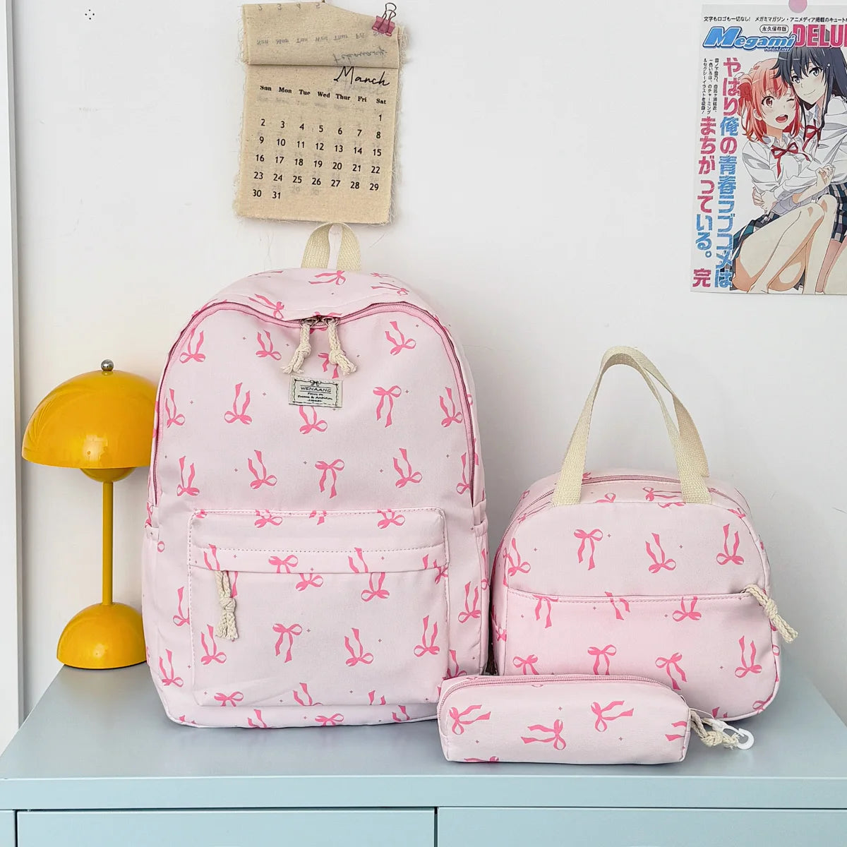 Sweet Girl Style Bow Print Three Piece Backpack Set Nylon Lightweight Large Capacity Campus
