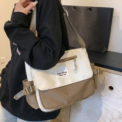 Small Fresh Canvas Color Blocked Postman Bag Large Capacity Campus Student Trendy Work Commuter