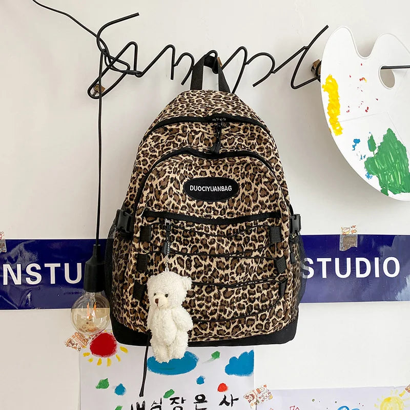 Leopard Print Backpack – Large Capacity School Bookbag with Side Mesh Pockets