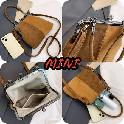 Vintage Suede Crossbody Bag with Kiss-Lock Closure