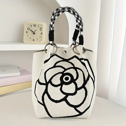 Camellia Print Knit Mini Tote Bag with Braided Handles