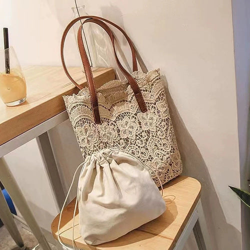 Floral Lace Tote Bag with Leather Handles & Magnetic Closure