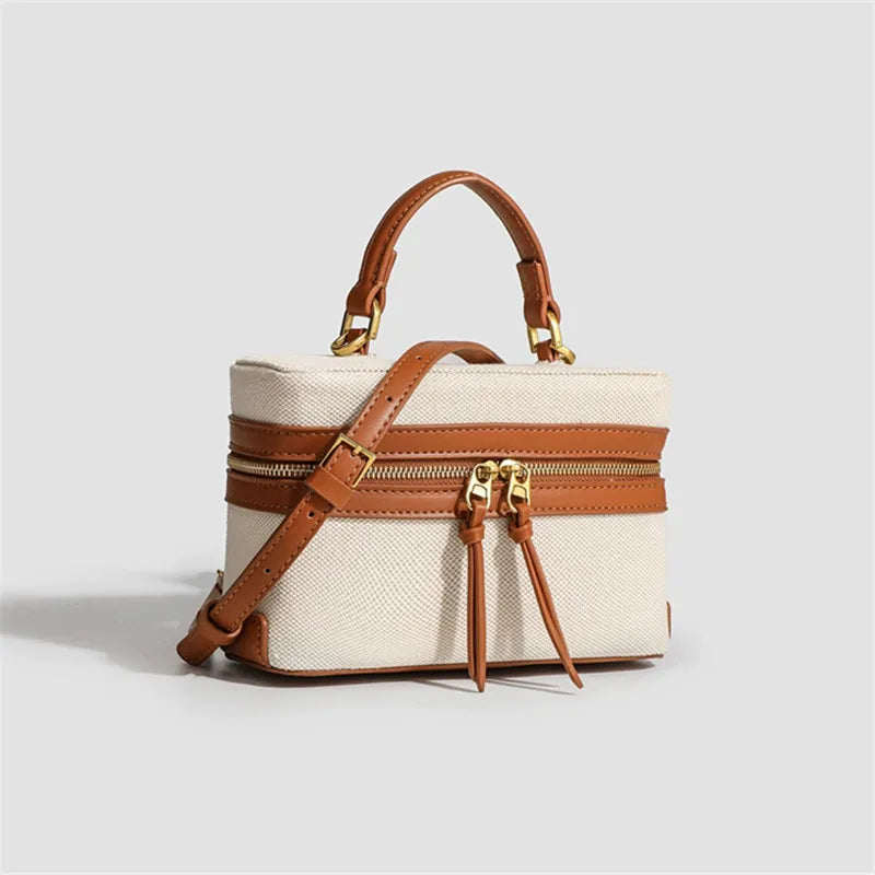 Canvas & Leather Box Bag – Retro Crossbody Tote for Women