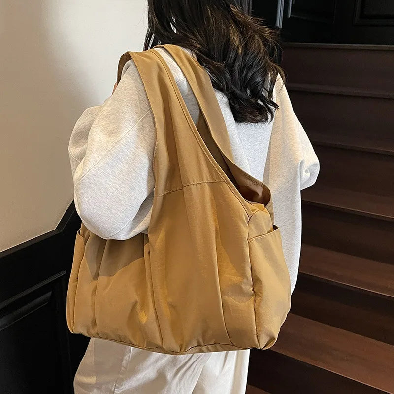 Large Nylon Shoulder Tote Bag – Soft Wrinkle Travel Handbag