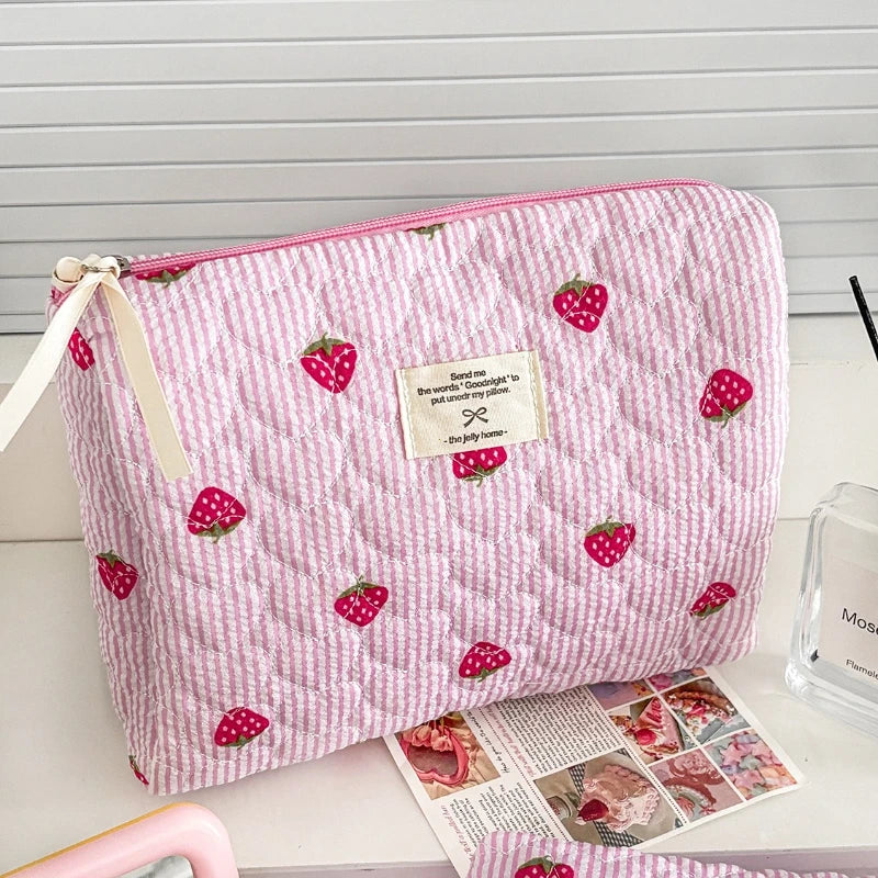 Pink Strawberry Women Cosmetic Quilted Bag Portable Travel Organizer Toiletry Makeup Storage Pouch