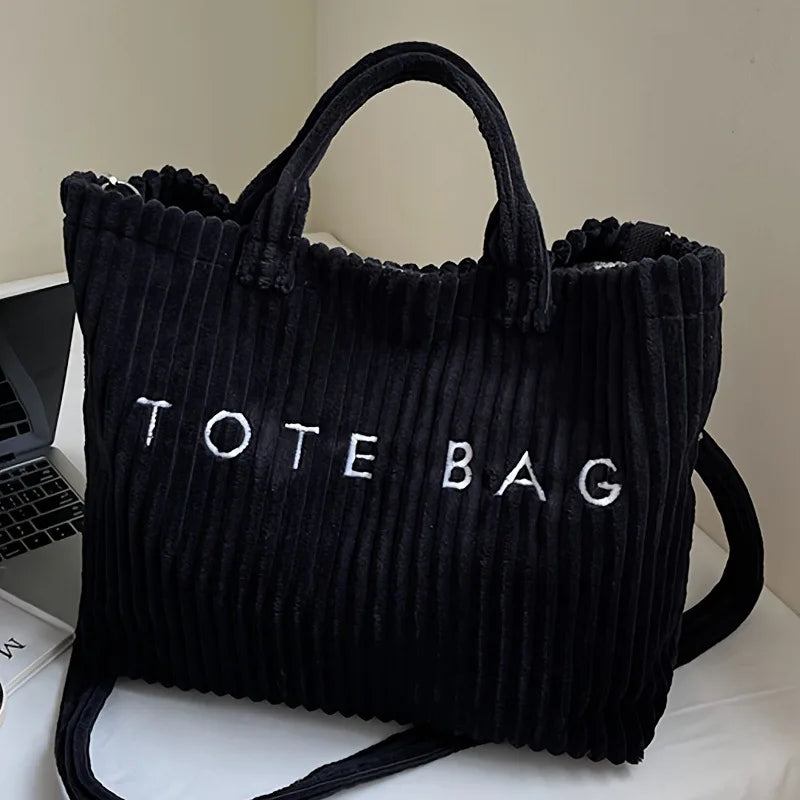 Striped Velvet Tote Bag – Large Capacity Women's Shoulder & Crossbody Handbag