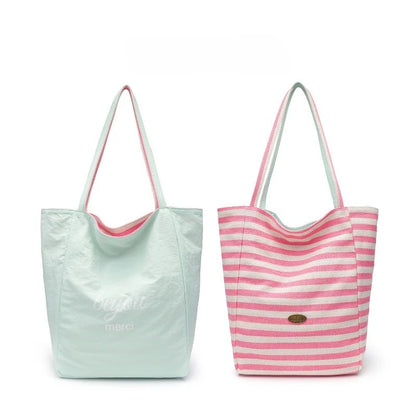 Striped Canvas Tote Bag – Double-Sided Large Shoulder Bag for Women