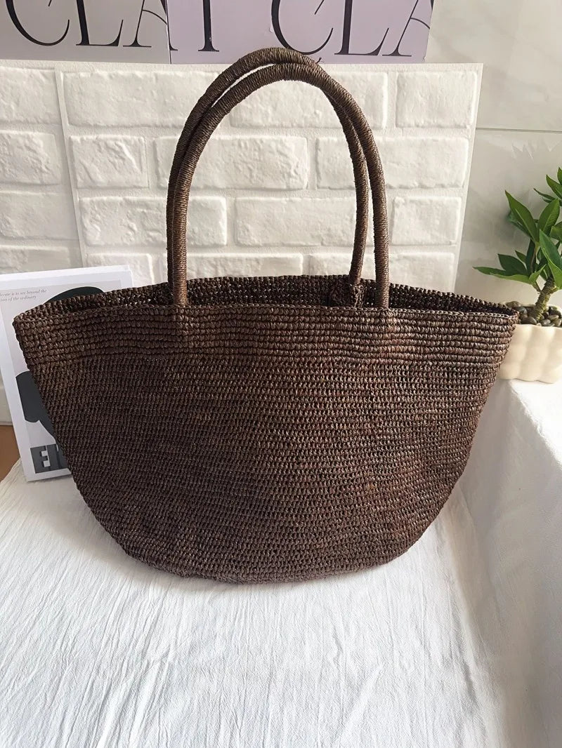 Summer Women S Raffia Hand Woven Tote Bag Simple Handbag Shoulder Perfect Vacation Beach Day Seaside