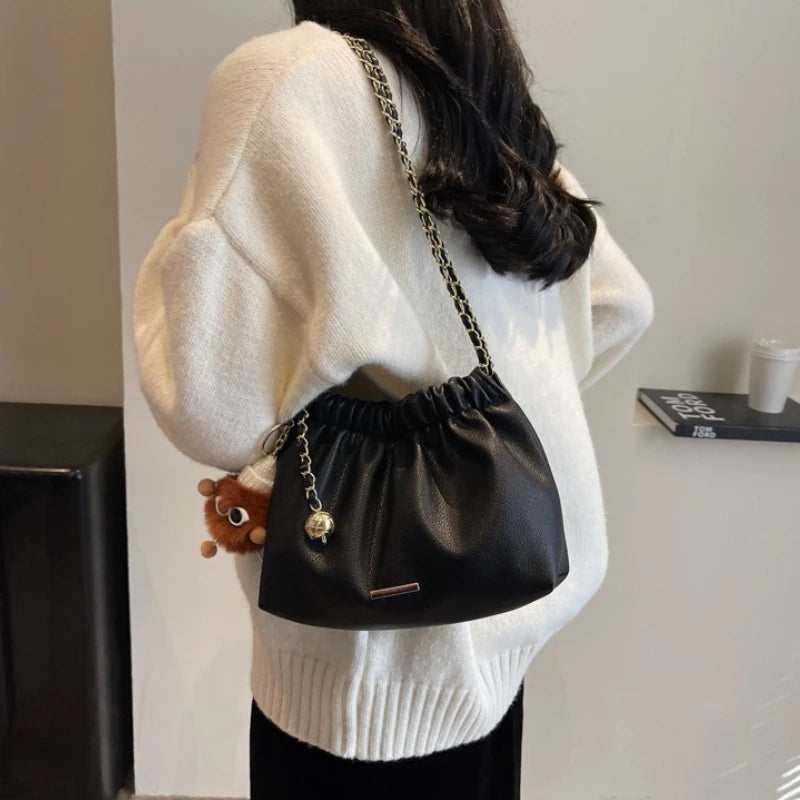Ruched Woman Crossbody Bags Cute Fluffy Monster Bag Charm Two Tone Metal Chain Strap Faux Leather