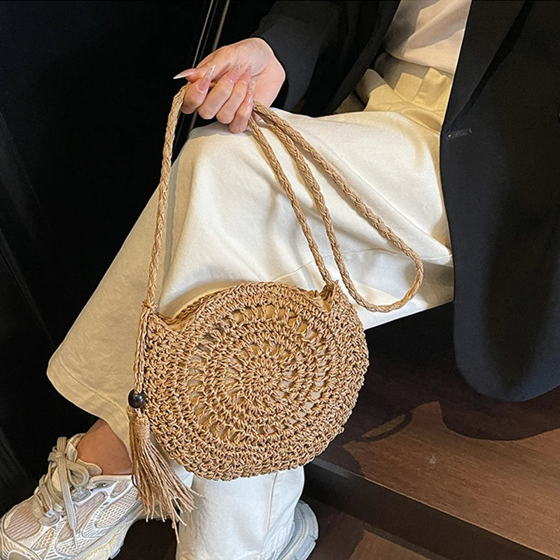 Women Hollow Straw Bag Circle Rattan Round Soft Paper Rope Shoulder Tassel Summer Beach Handmade