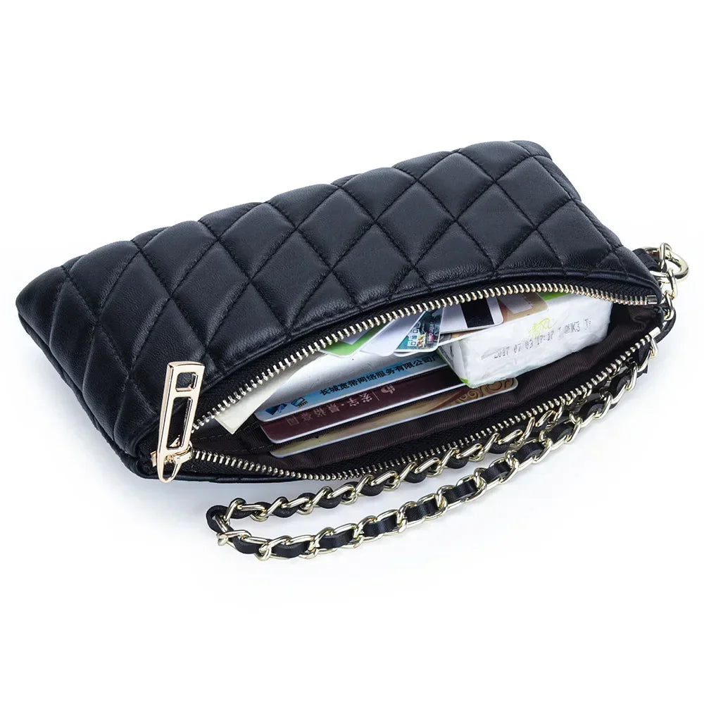 Leather Clutch Bag Women S Diamond Check Embroidered Long Wallet Multi-Functional Mobile Phone