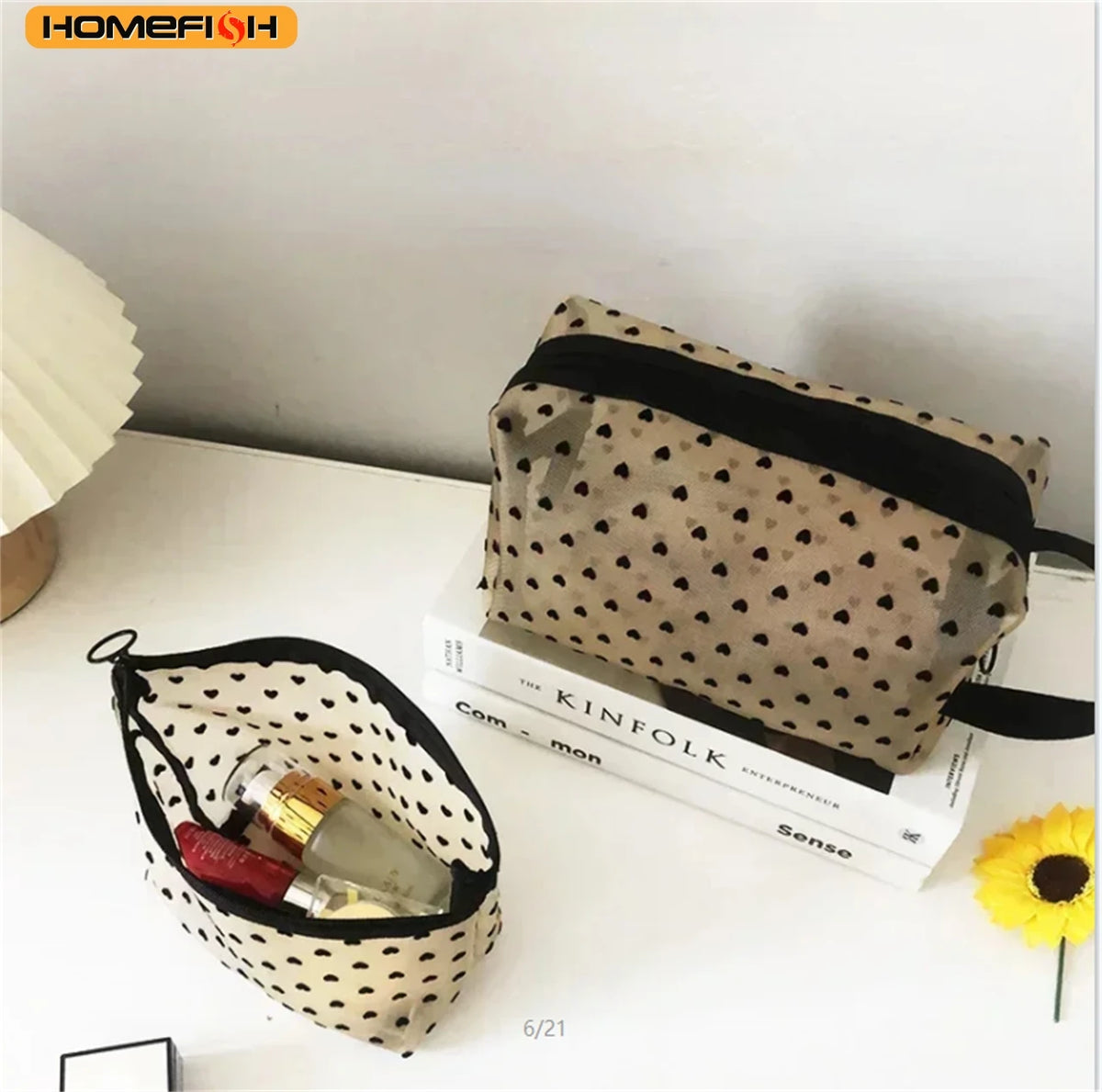 Homefish Heart Pattern Transparent Mesh Cosmetic Bag