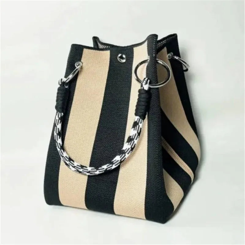 Women's Multicolor Bucket Bag – Striped Tote with Rope Handle