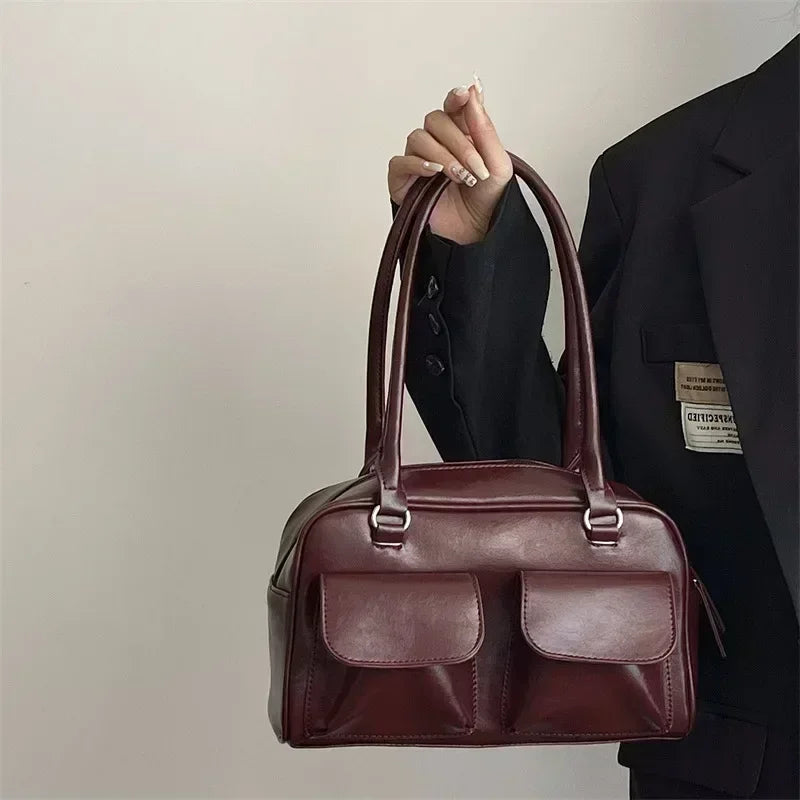 Vintage Women Business Shoulder Bags Simple Ladies Commute Tote Bag Pu Leather Female Underarm