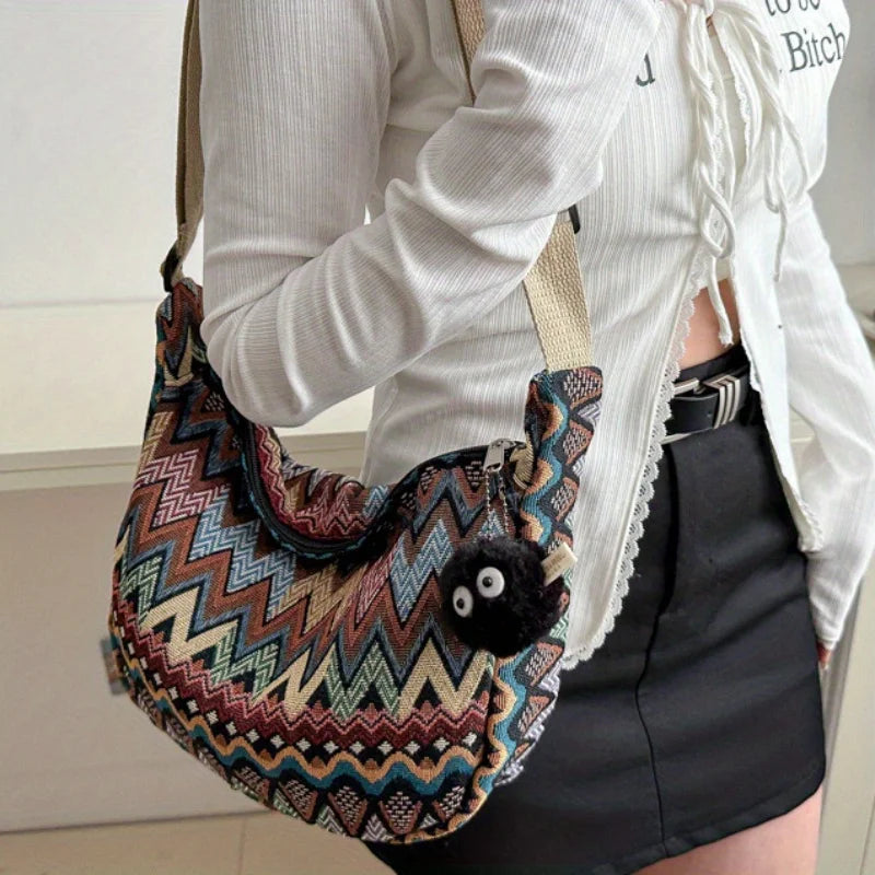 Wave Pattern Canvas Crossbody Bag – Large Shoulder Bag for Women