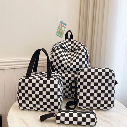 Checkerboard 4pcs Backpack Set Crossbody Handbag Pen Case Stitching Multi Pocket Adjustable Straps