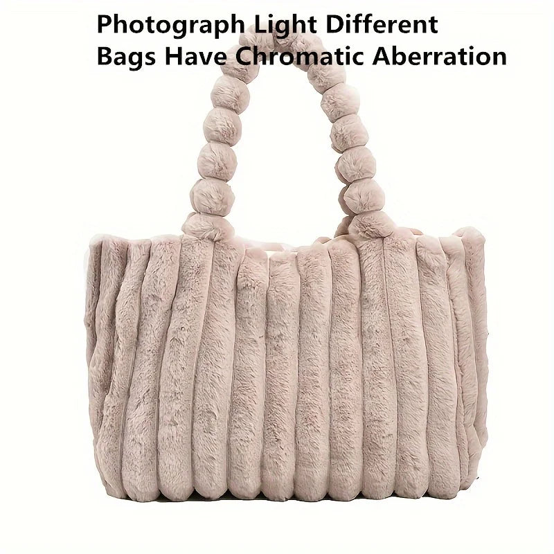 Plush Faux Fur Tote Bag – Soft Striped Shoulder Bag for Autumn Winter