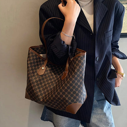 Classic Retro Ladies Tote Bag Geometric Shoulder Large Capacity Wear-Resistant Handbags Commute Work