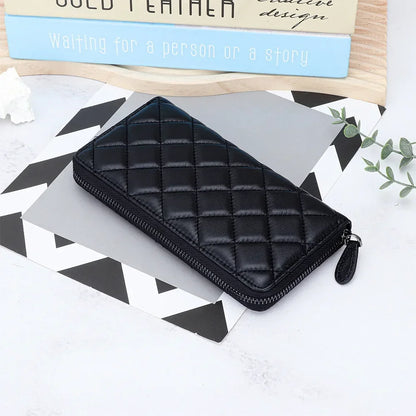Leather Purse Women S Long Large Capacity Sheepskin Embroidered Diamond Check Zipper Wallet Mobile