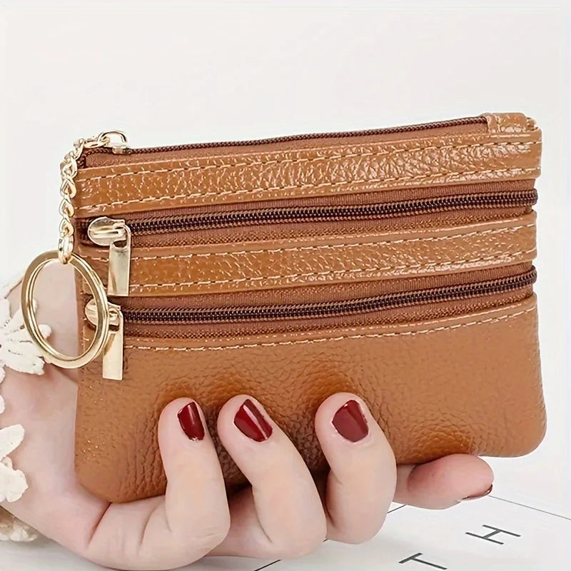 Leather Multi Zipper Pouch Mini Coin Purse Keyring Split Pocket Compact Card Cash Storage Wallet