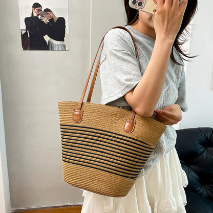Spring Summer Casual Shoulder Bag Beach Vacation Tote Straw Woven Large Capacity Handbag Play Travel