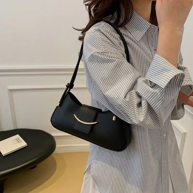 PU Leather Shoulder Bag – Minimalist Underarm Baguette Handbag