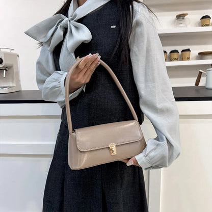 Spring Trendy Basics Underarm Bag Solid Color Pu Shoulder Metal Flap Handbag Commute Shopping
