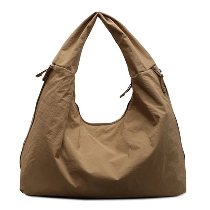 Chic Solid Color Nylon Tote Bag Multiple Zipper Pockets Large Capacity Casual Shoulder Bag College