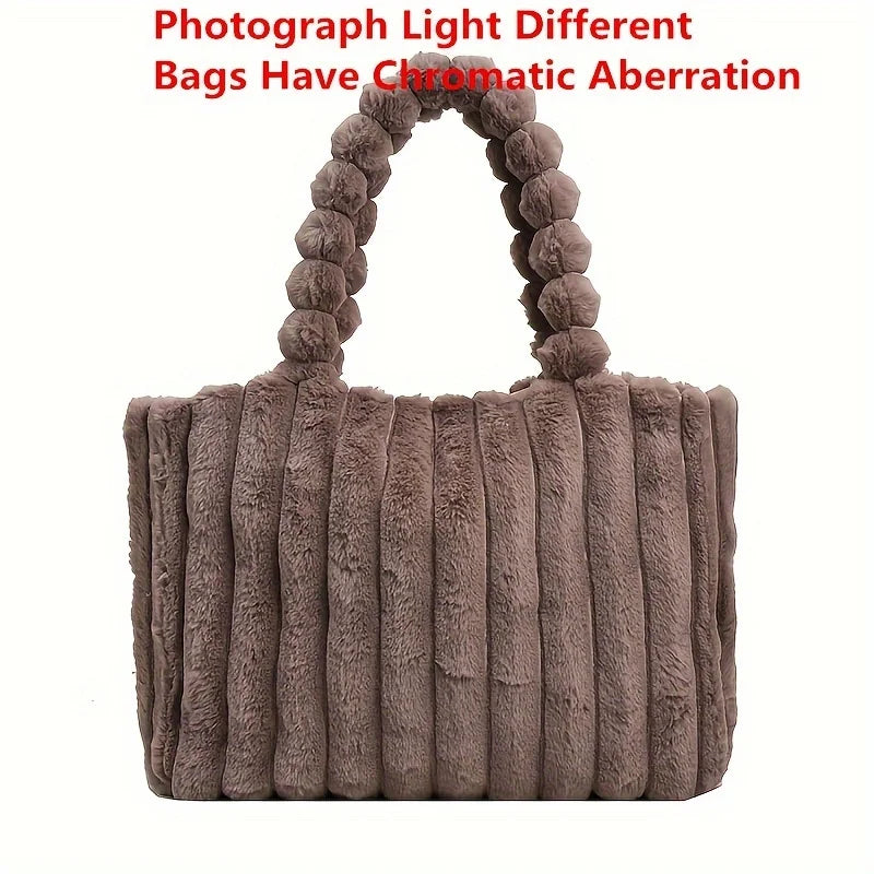 Large Capacity Plush Tote Bag Stiped Faux Fur Shoulder Bag - Soft