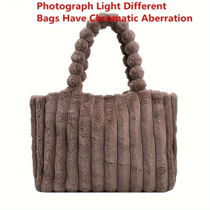 Large Capacity Plush Tote Bag Stiped Faux Fur Shoulder Bag - Soft