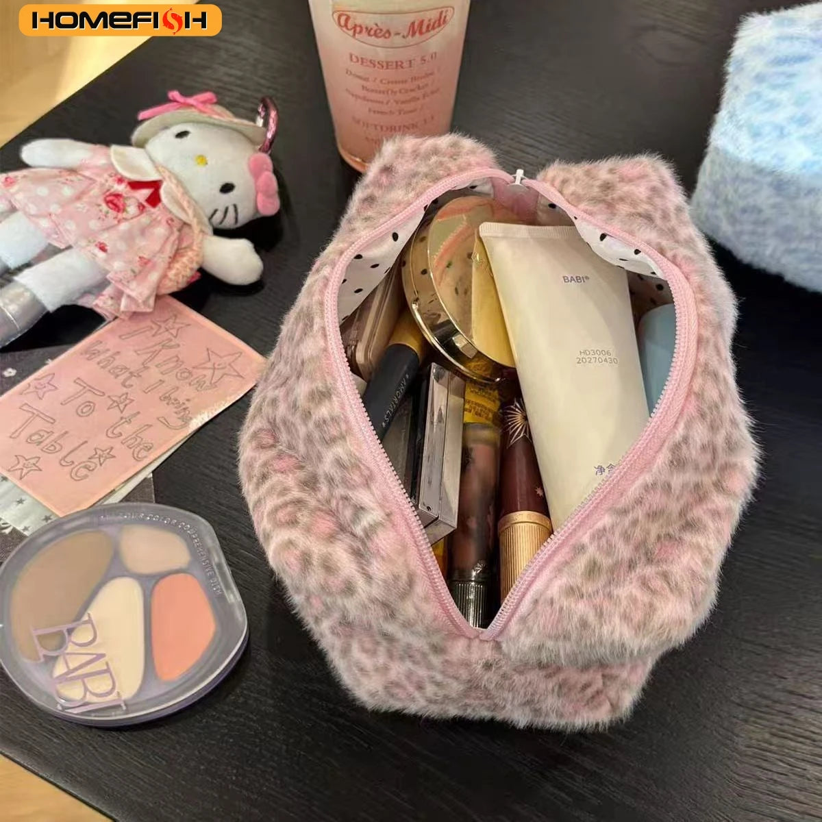 Homefish Durable Fuzzy Makeup Bag Large Capacity Leopard Print Toiletry Organizer Portable Cosmetic