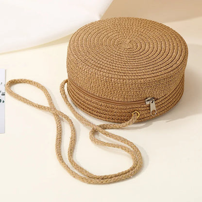 Round Woven Straw Crossbody Bag for Women – Boho Chic