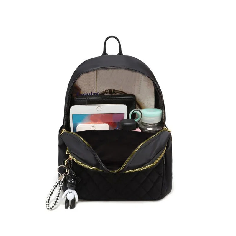 Quilted Backpack for Women – Compact Nylon Daypack with Gold Zipper
