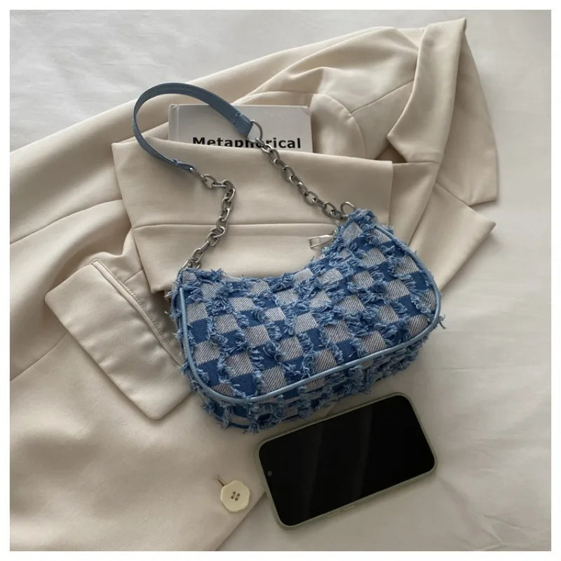Checkered Denim Shoulder Bag – Y2K Chain Strap Hobo