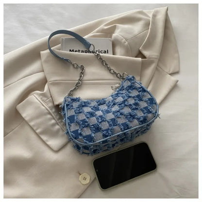 Checkered Denim Shoulder Bag – Y2K Chain Strap Hobo