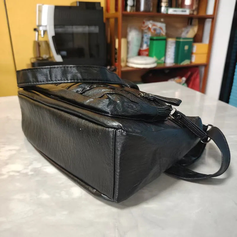 Multi-Zipper Leather Crossbody Shoulder Bag with Inner Pockets