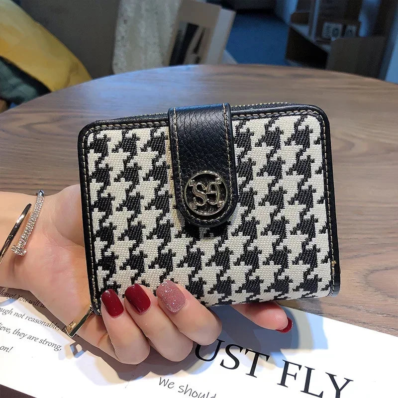 Purse Women Short Leather Niche Design Thousand Bird Lattice Lady Folding Organ Card Documents Clip