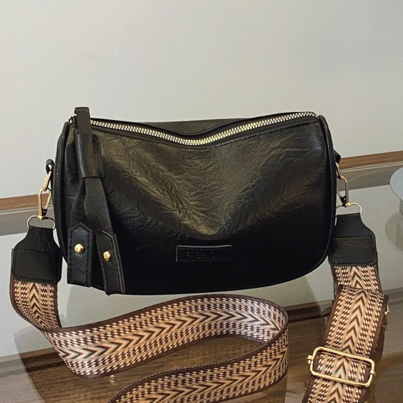 Women's Vintage Faux Leather Crossbody Bag with Wide Chevron Strap
