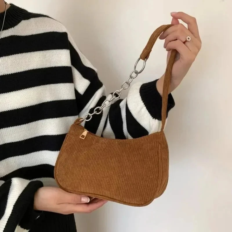 Minimalist Corduroy Versatile Bag Chain Accent Underarm Bag Zipper Closure Casual Shoulder Purse