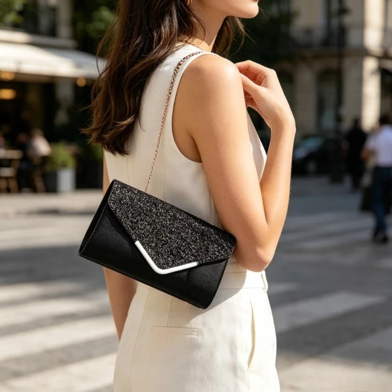 Sparkly Black Evening Clutch Bag Envelope Purse Gold Chain Parties Prom Special Occasions Formal