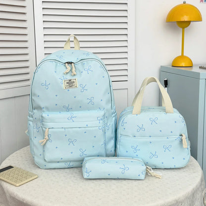 Sweet Fresh Bow Print Three Piece Backpack Set Lightweight Large Capacity College Style Campus