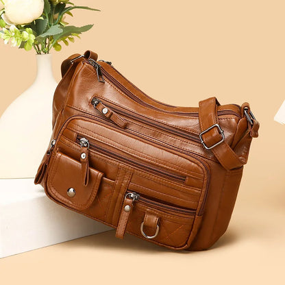 Leather Multi-Pocket Crossbody Bag Women Zipper Shoulder Bag