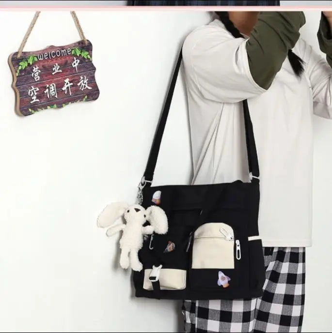 Canvas Crossbody Tote Bag Multi-Pocket Shoulder Bag