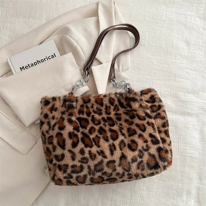 Leopard Print Plush Tote Bag – Soft Fuzzy Shoulder Handbag
