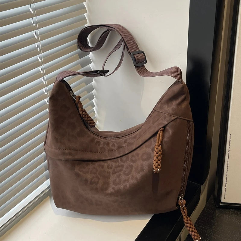 Women Leopard Print Crossbody Bag Large Capacity Hobo Shoulder Daily Commuter Multi Pocket Armpit