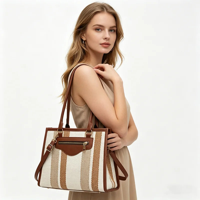 Chic Striped Canvas Tote Bag Work Weekend Every Premium Pu Leather Trim